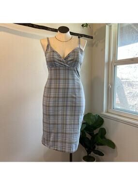 Vintage Y2K Old Navy Cotton Stretch Blue Plaid Print Mini Dress Size 10